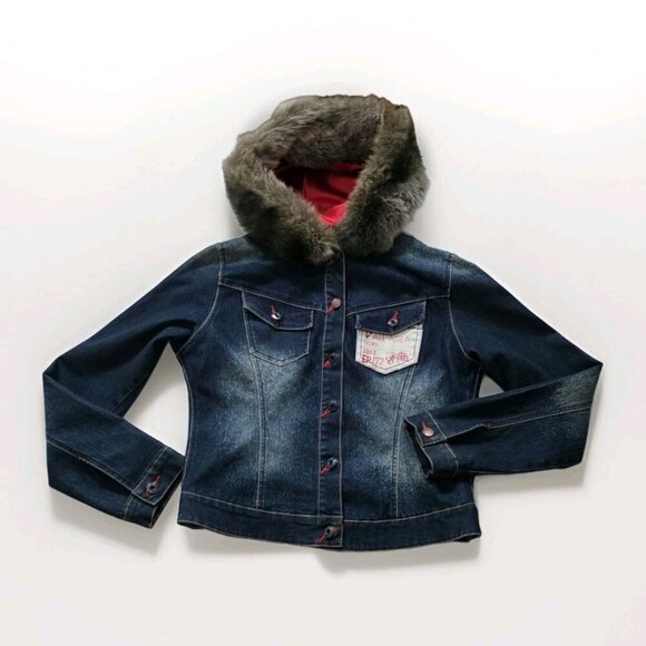 Vtg Ecko Red Jacket Women 14 Denim Faux Fur Hood No Pockets Lined Y2K Runs Small - Picture 7 of 16